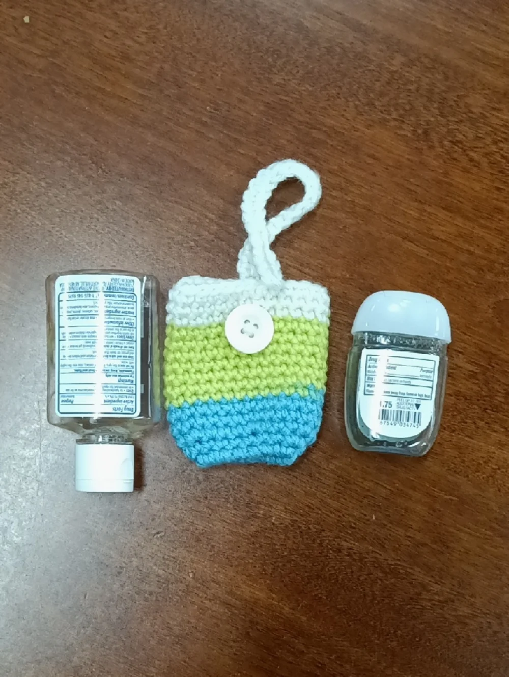 White Green & Blue Crocheted Hand Sanitizer Holder